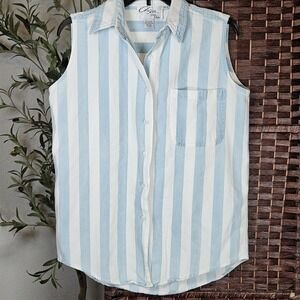 VTG 90s Cotton Blue & White Vertical Stripe Sleeveless Button Down Small Top